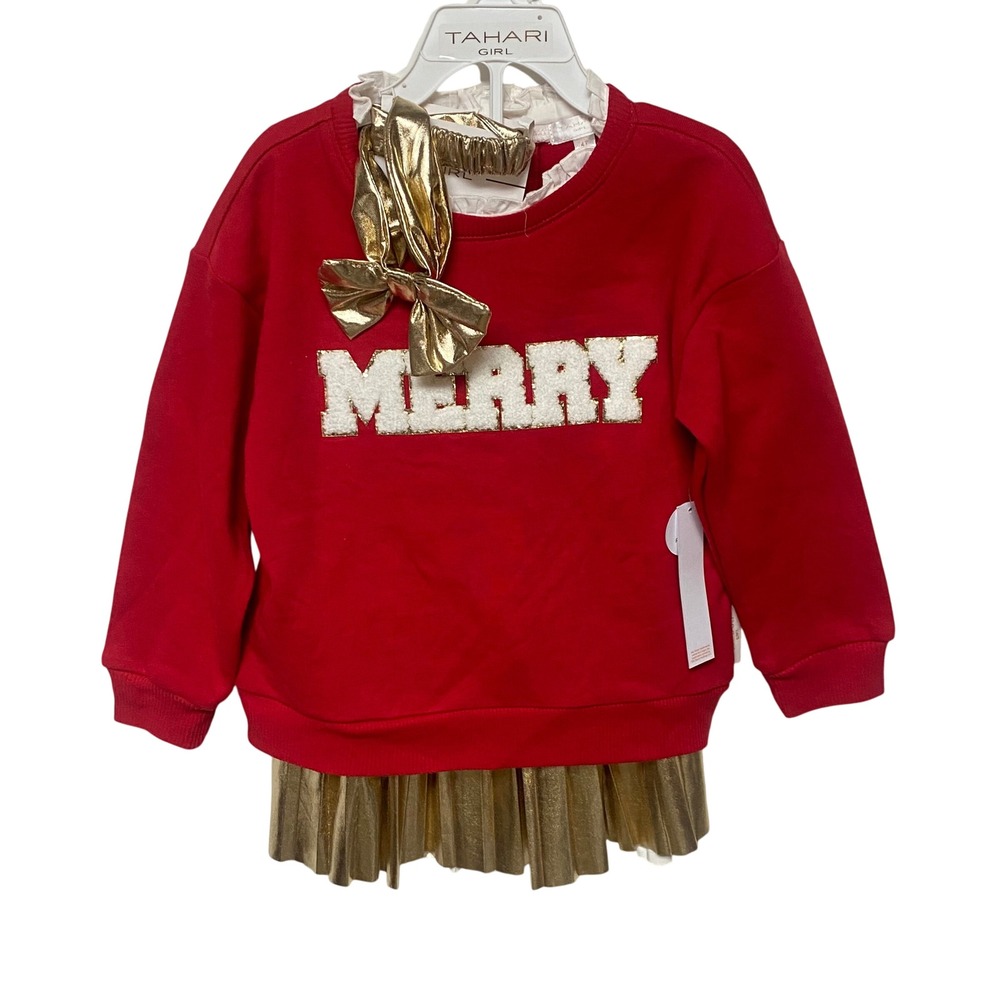 Tahari Girl Red Merry Sweatshirt & Gold Pleated‎ Skirt Set Outfit Holiday
